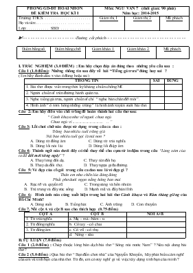Đề kiểm tra học kì i môn Ngữ văn 7 năm học 2014 - 2015